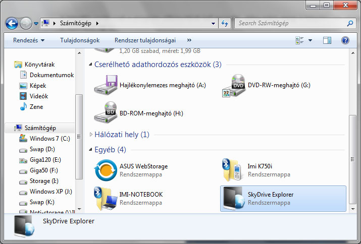 SkyDrive Explorer a Sajátgépbe épülve SkyDrive Explorer a Sajátgépbe épülve
