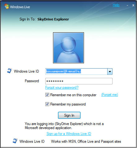 Bejelentkezés a SkyDrive Explorerbe Bejelentkezés a SkyDrive Explorerbe